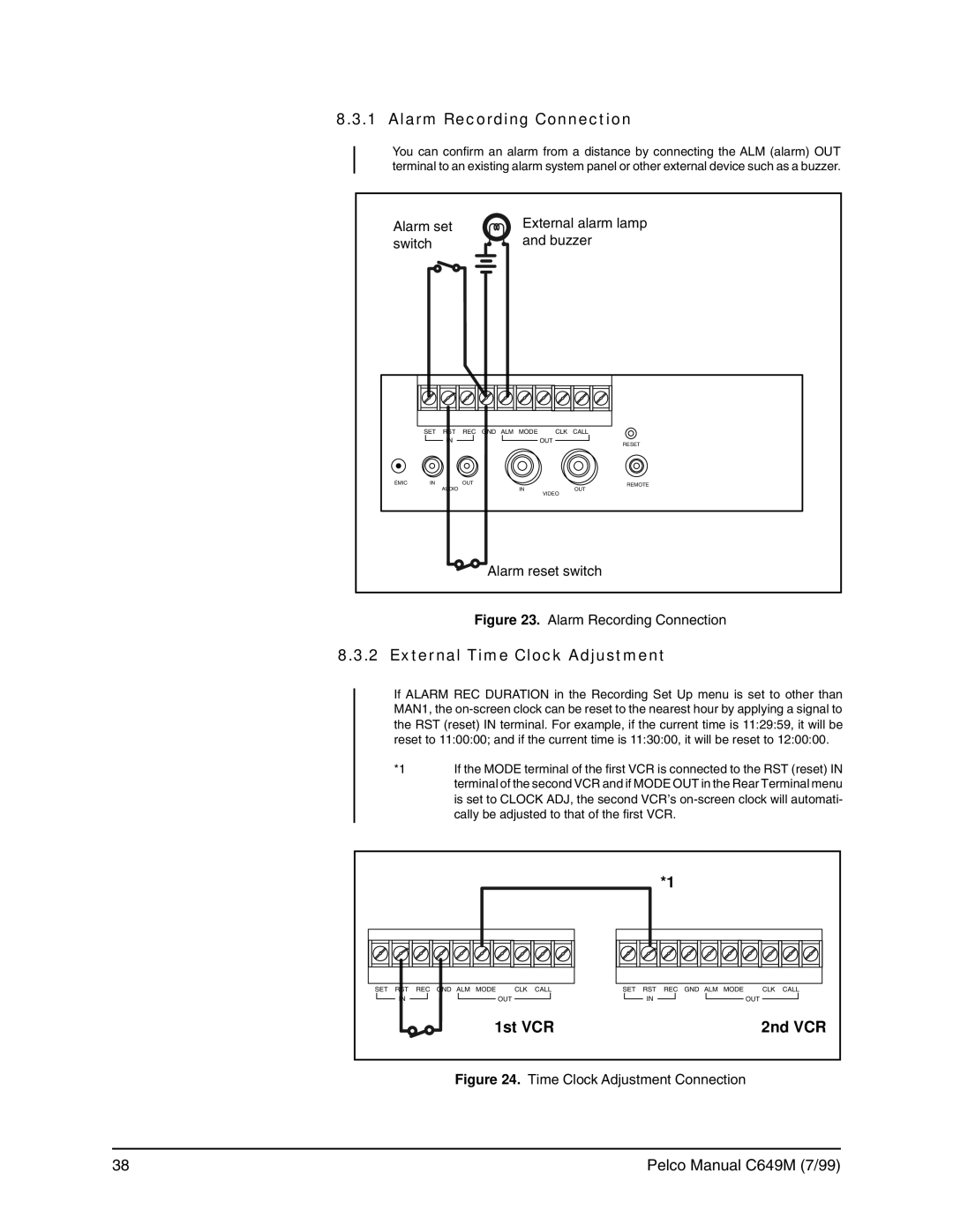 Pelco c649m operation manual Alarm Recording Connection, External Time Clock Adjustment, 1st VCR 2nd VCR 