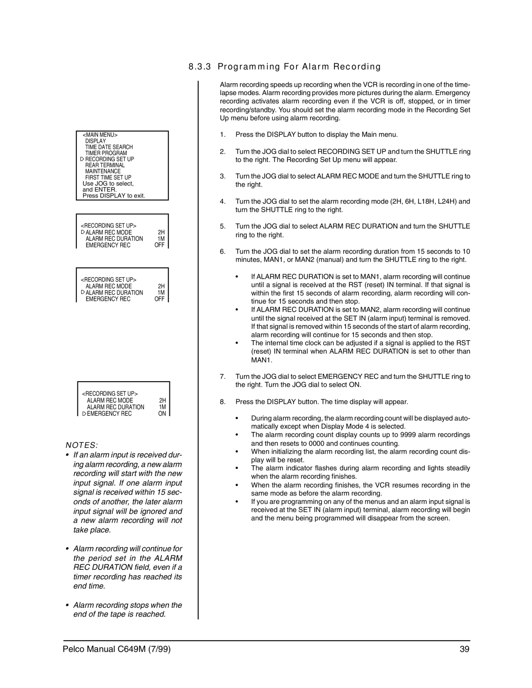 Pelco c649m operation manual Programming For Alarm Recording 