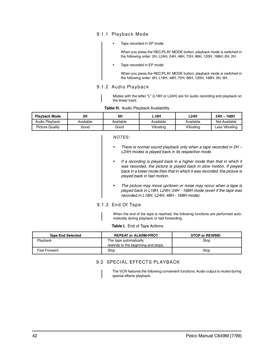 Pelco c649m operation manual Playback Mode, Audio Playback, End Of Tape, Special Effects Playback 