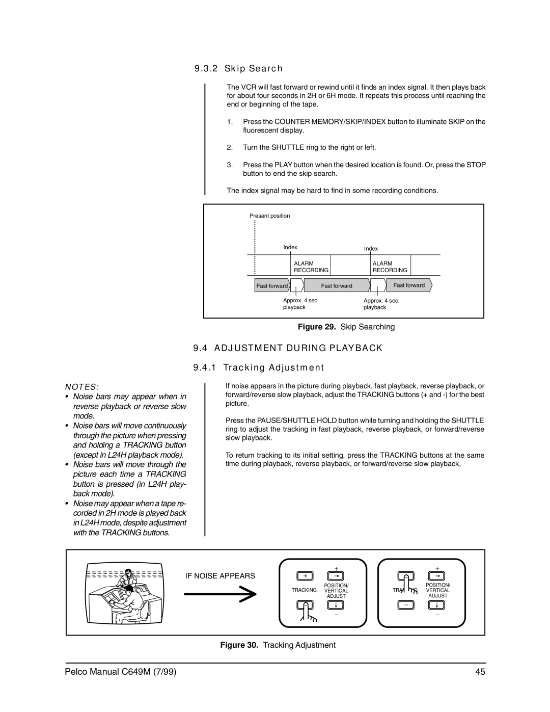 Pelco c649m operation manual Skip Search, Adjustment During Playback 9.4.1 Tracking Adjustment, If Noise Appears 