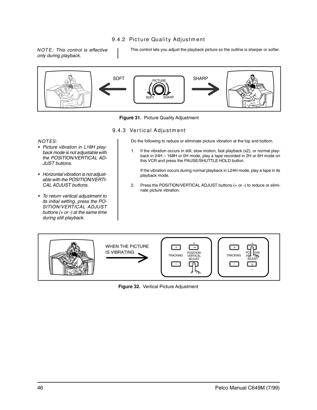 Pelco c649m operation manual Picture Quality Adjustment, Vertical Adjustment, Sharp, When the Picture Is Vibrating 