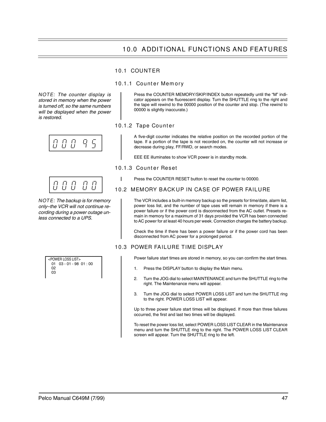 Pelco c649m Additional Functions and Features, Counter, Memory Backup in Case of Power Failure, Power Failure Time Display 