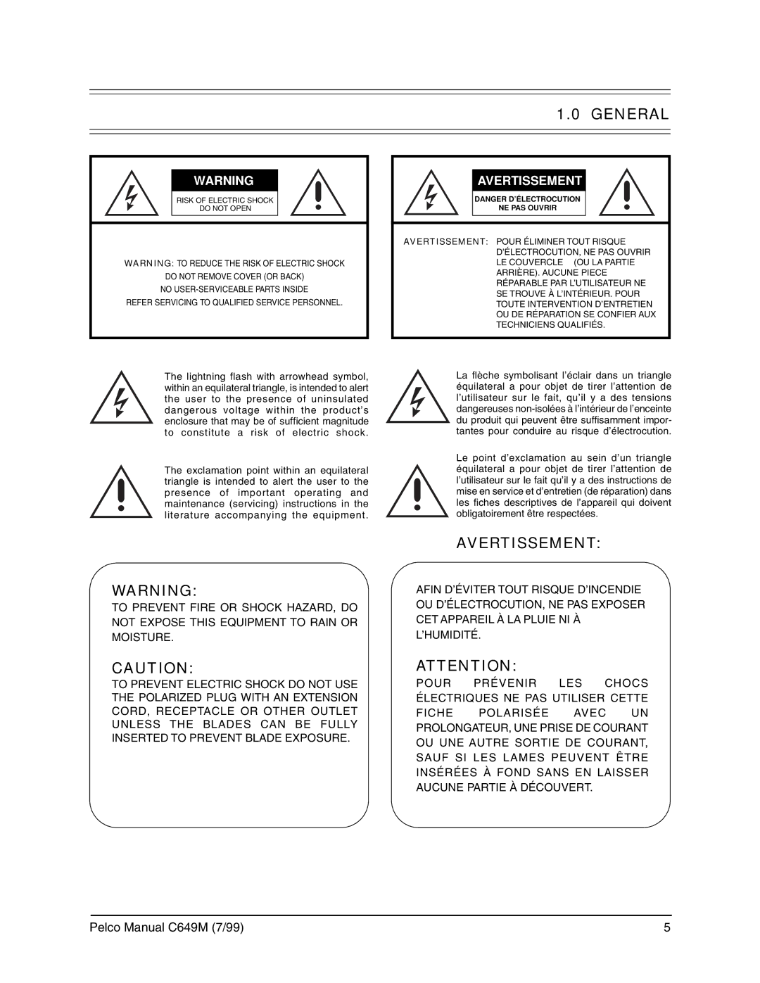 Pelco c649m operation manual General, Avertissement 