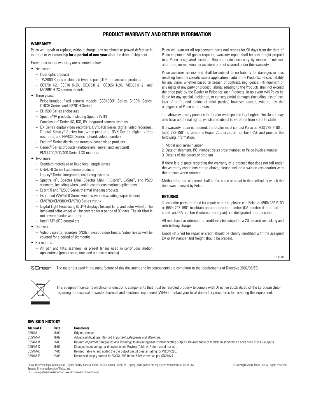 Pelco C654M-E (12/08) 3 manual Product Warranty and Return Information 