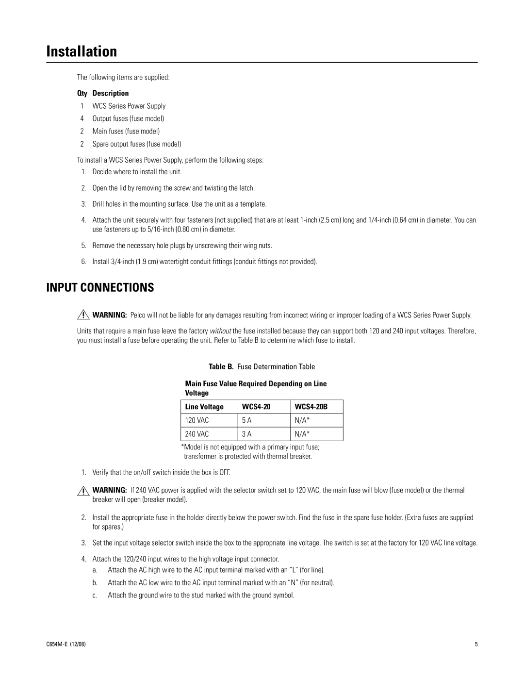 Pelco C654M-E (12/08) 3 manual Installation, Input Connections, Qty Description 