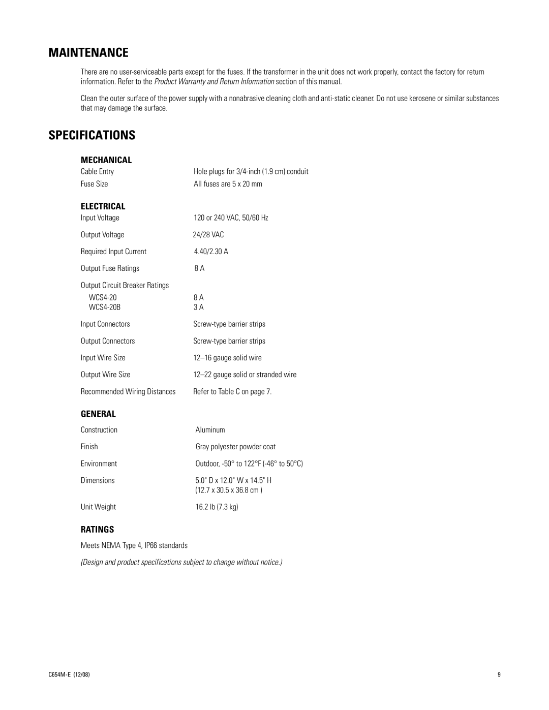 Pelco C654M-E (12/08) 3 manual Maintenance, Specifications 