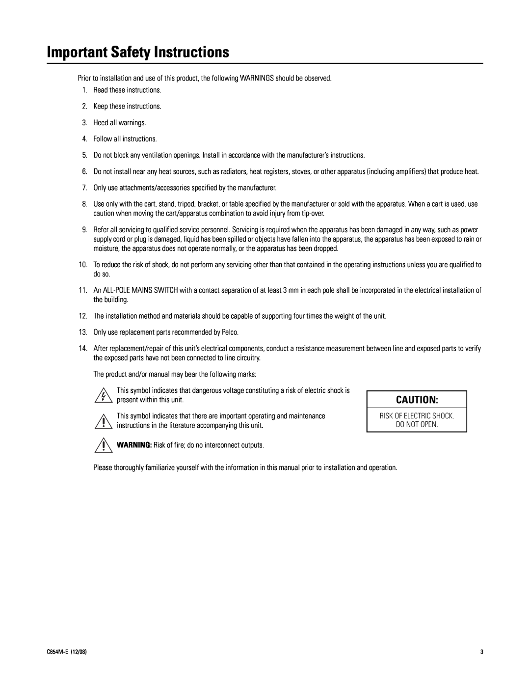 Pelco C654M-E (12/08) 3 manual Important Safety Instructions 