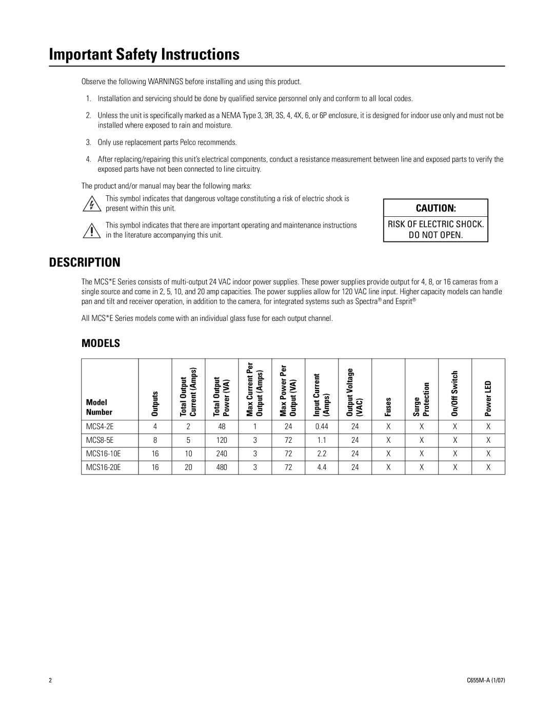 Pelco C655M-A manual Description, Models 