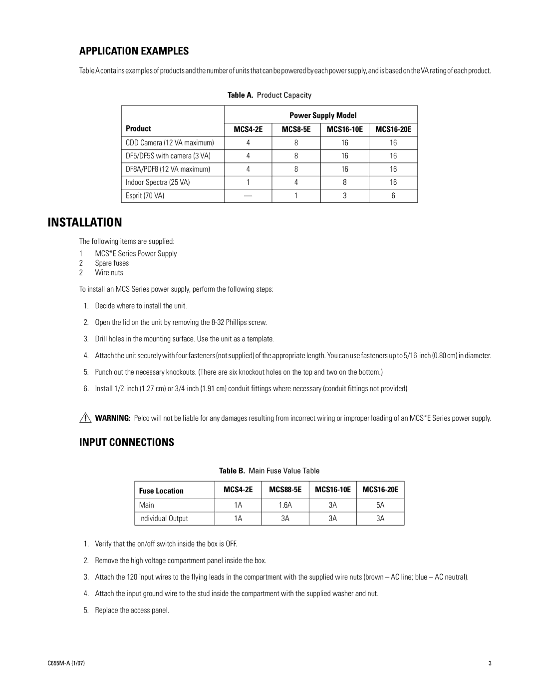 Pelco C655M-A manual Installation, Application Examples, Input Connections, Power Supply Model Product 