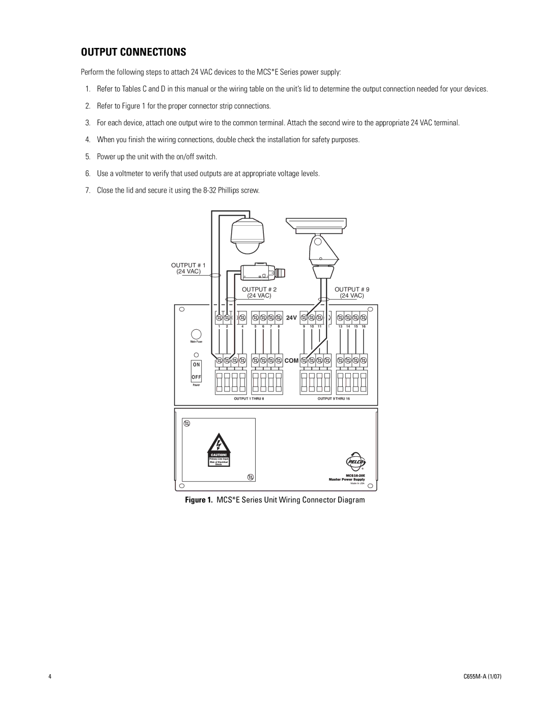 Pelco C655M-A manual Output Connections, MCS*E Series Unit Wiring Connector Diagram 