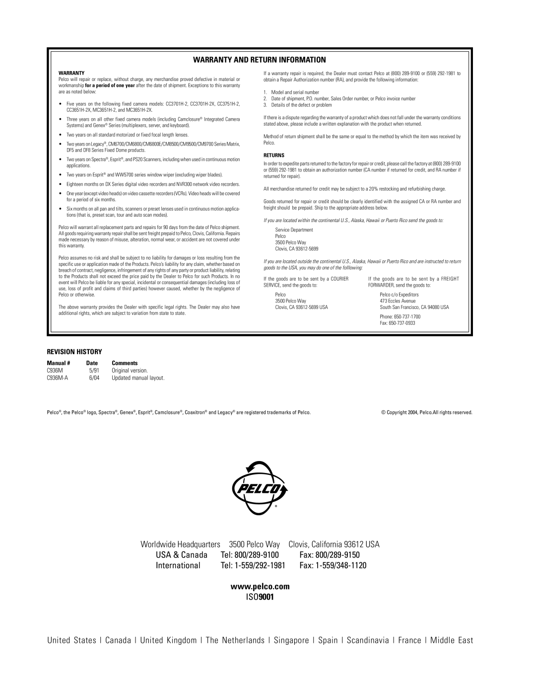 Pelco C6825 USA & Canada, Tel 800/289-9100, Fax 800/289-9150, International, Fax 1-559/348-1120, ISO9001, Revision History 