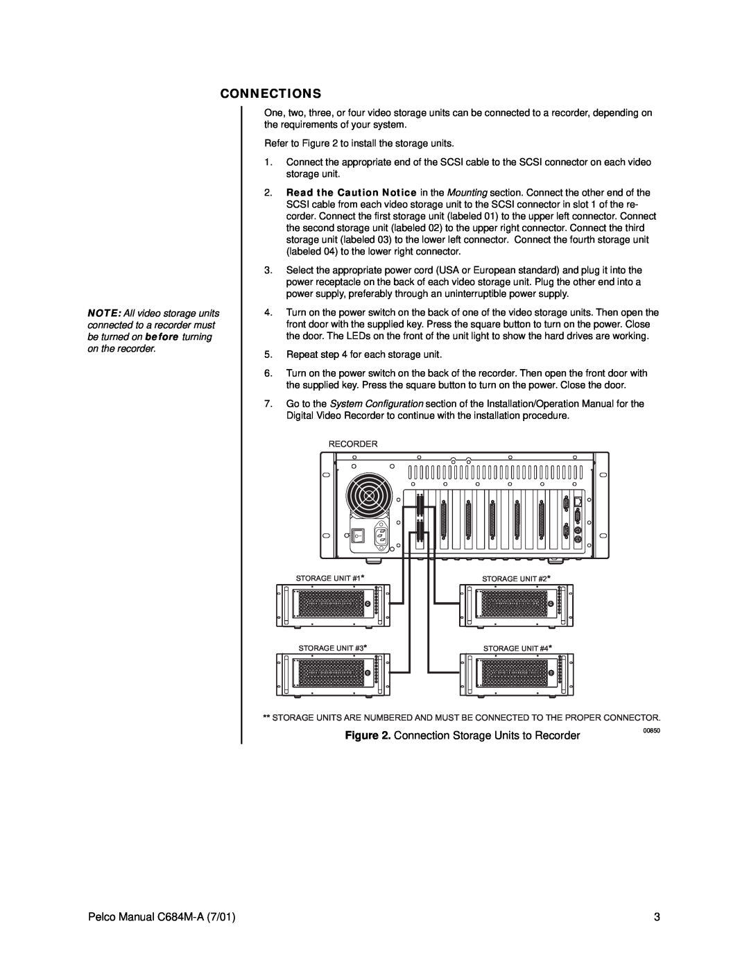 Pelco c684M-A operation manual Connections, Connection Storage Units to Recorder, Pelco Manual C684M-A7/01 