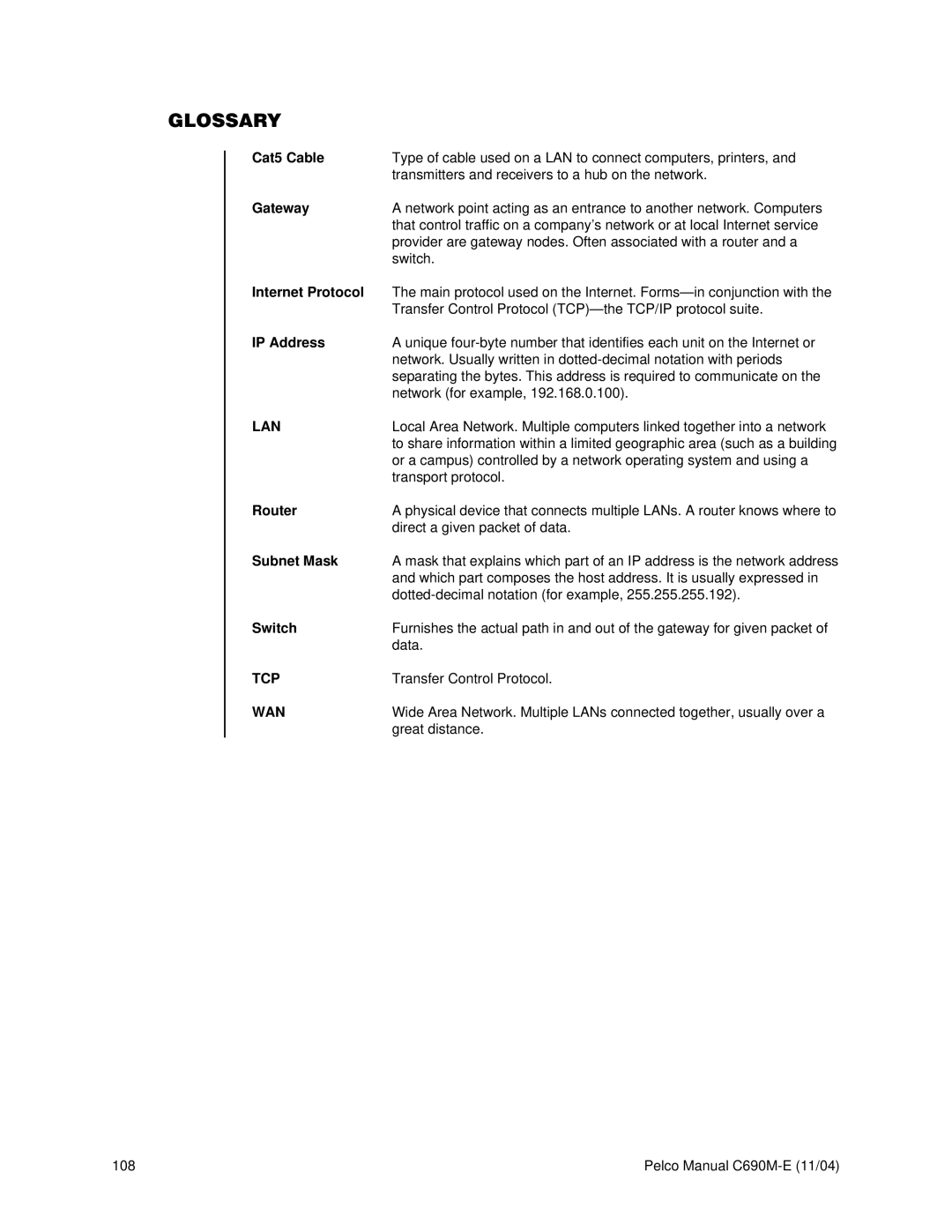 Pelco C690M-E operation manual Glossary 