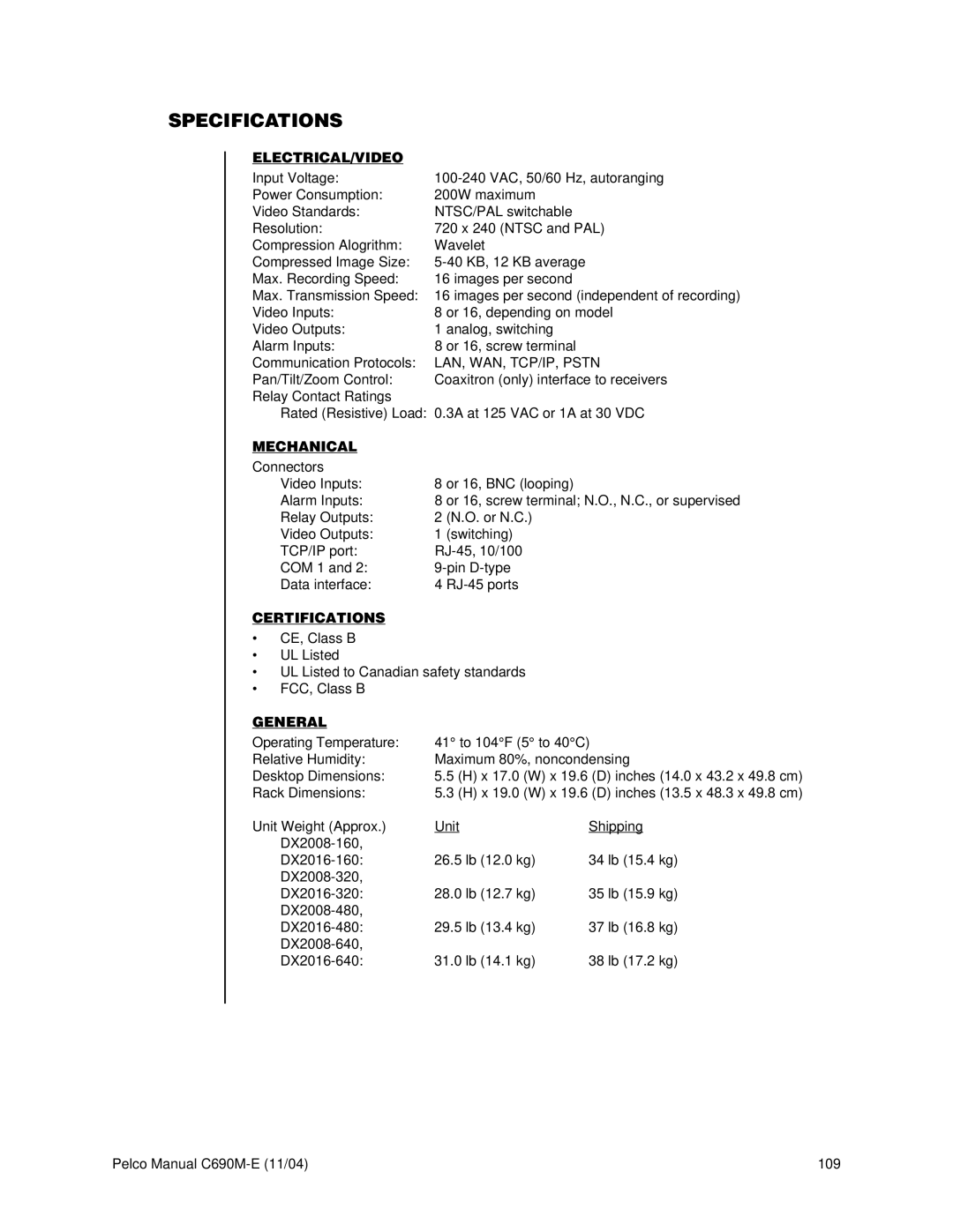 Pelco C690M-E operation manual Specifications, Electrical/Video 