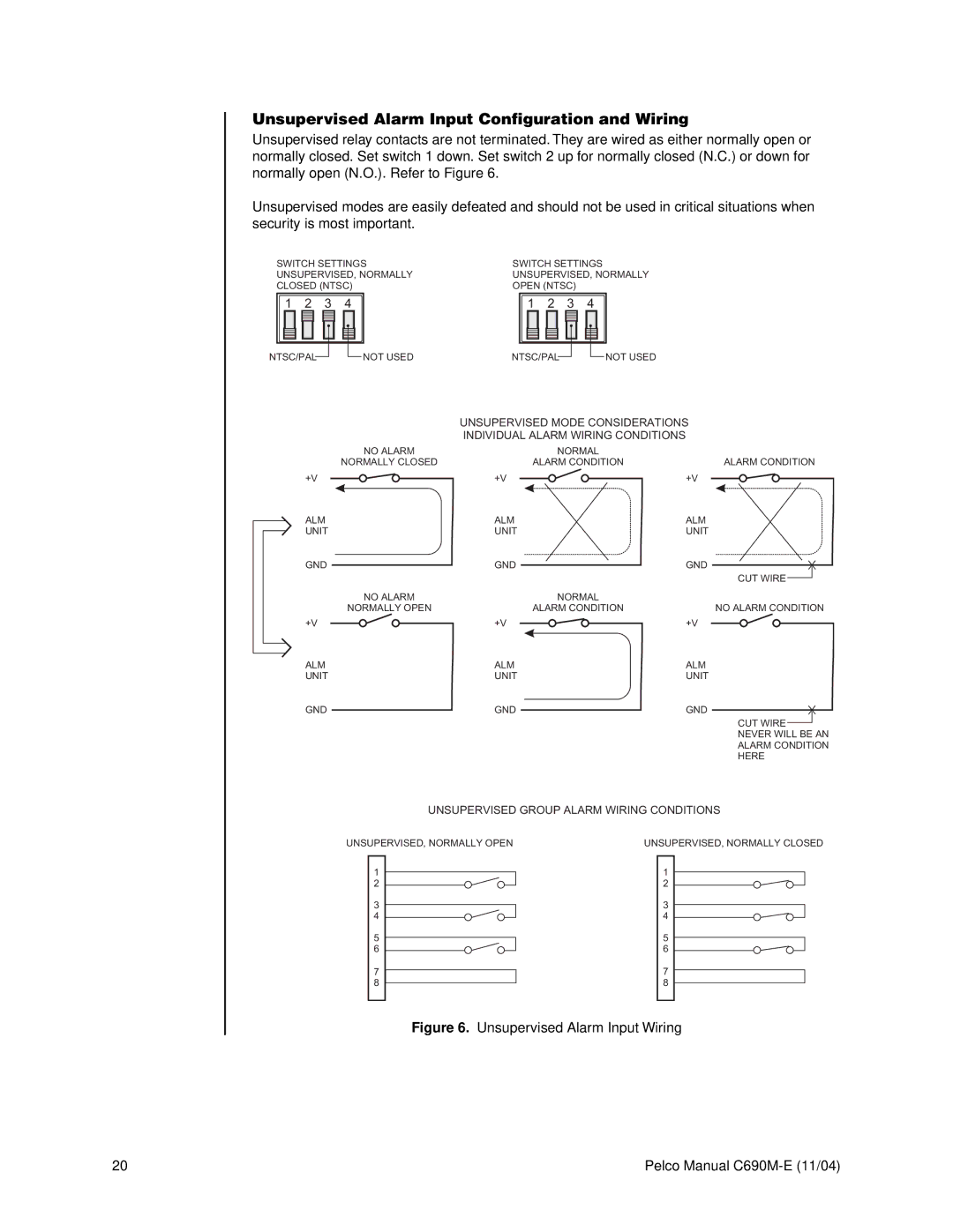 Pelco C690M-E operation manual Unsupervised Alarm Input Configuration and Wiring 