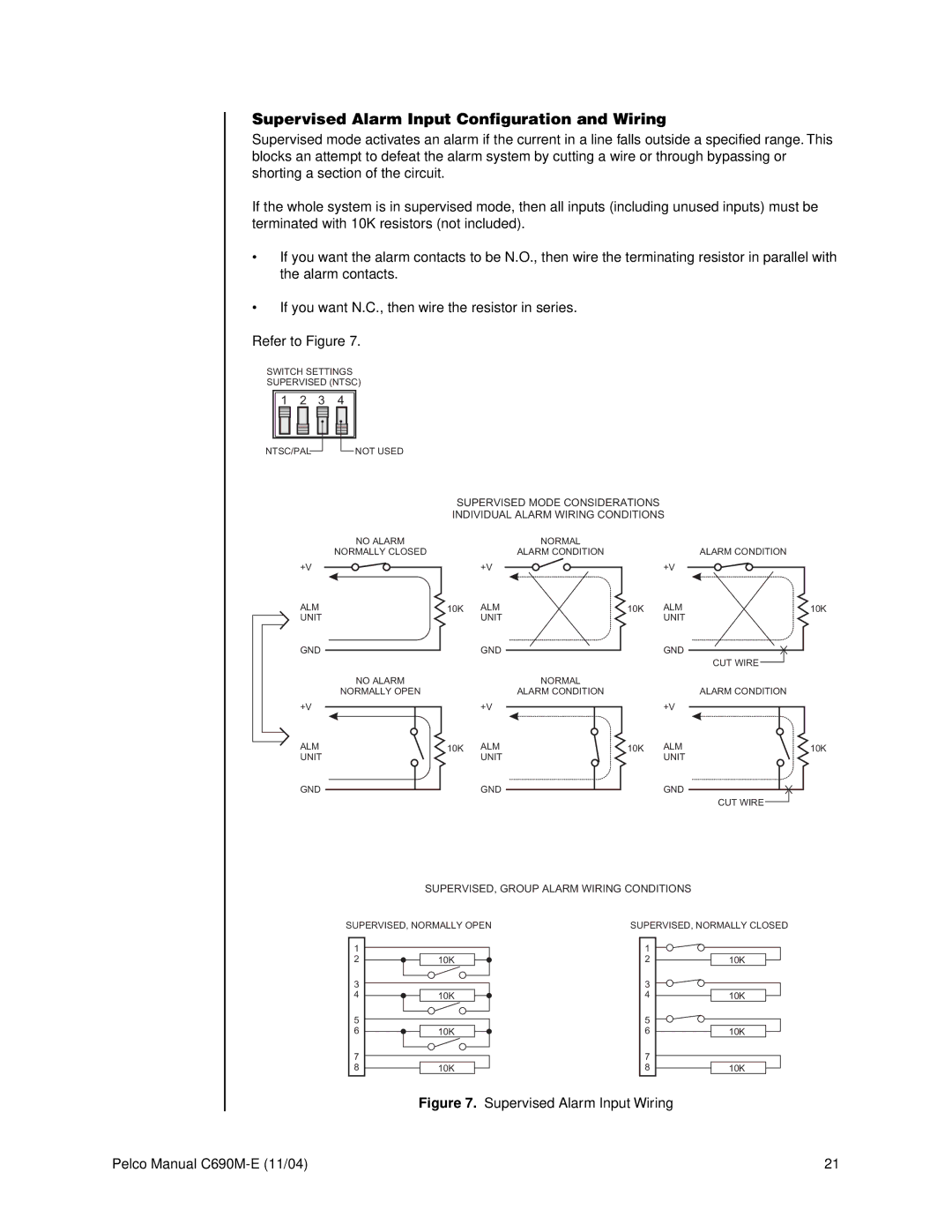 Pelco C690M-E operation manual Supervised Alarm Input Configuration and Wiring 