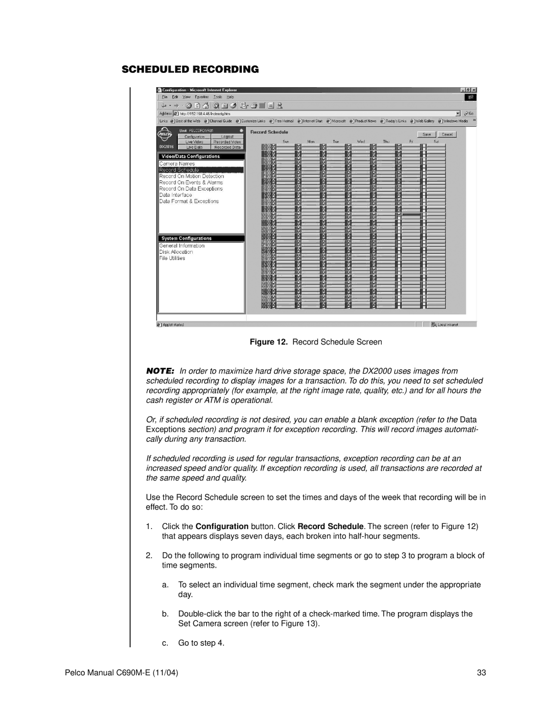 Pelco C690M-E operation manual Scheduled Recording, Record Schedule Screen 