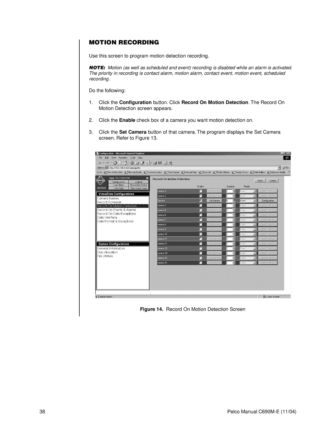 Pelco C690M-E operation manual Motion Recording, Record On Motion Detection Screen 