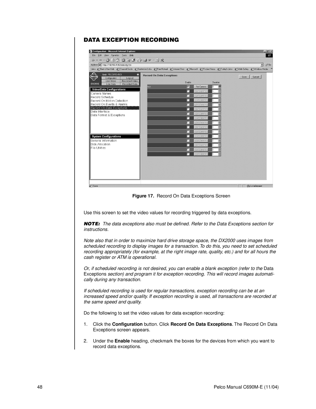 Pelco C690M-E operation manual Data Exception Recording 