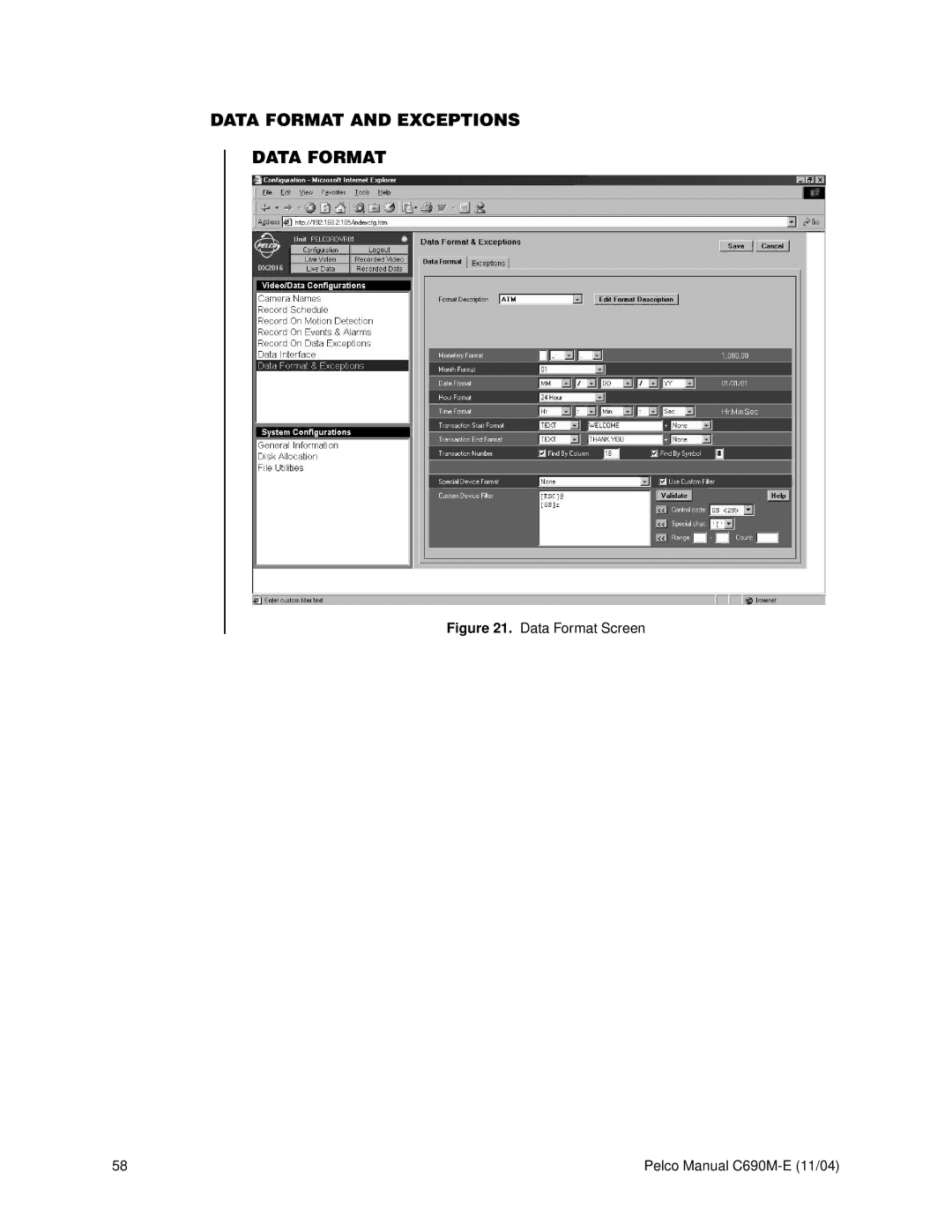 Pelco C690M-E operation manual Data Format and Exceptions, Data Format Screen 