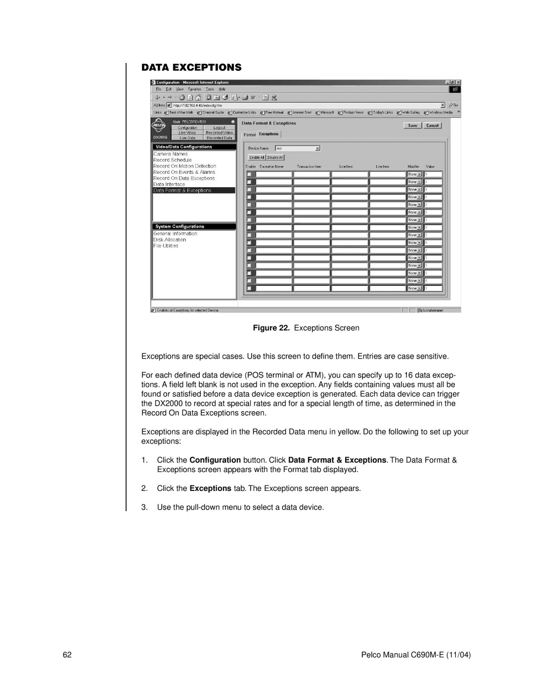 Pelco C690M-E operation manual Data Exceptions 