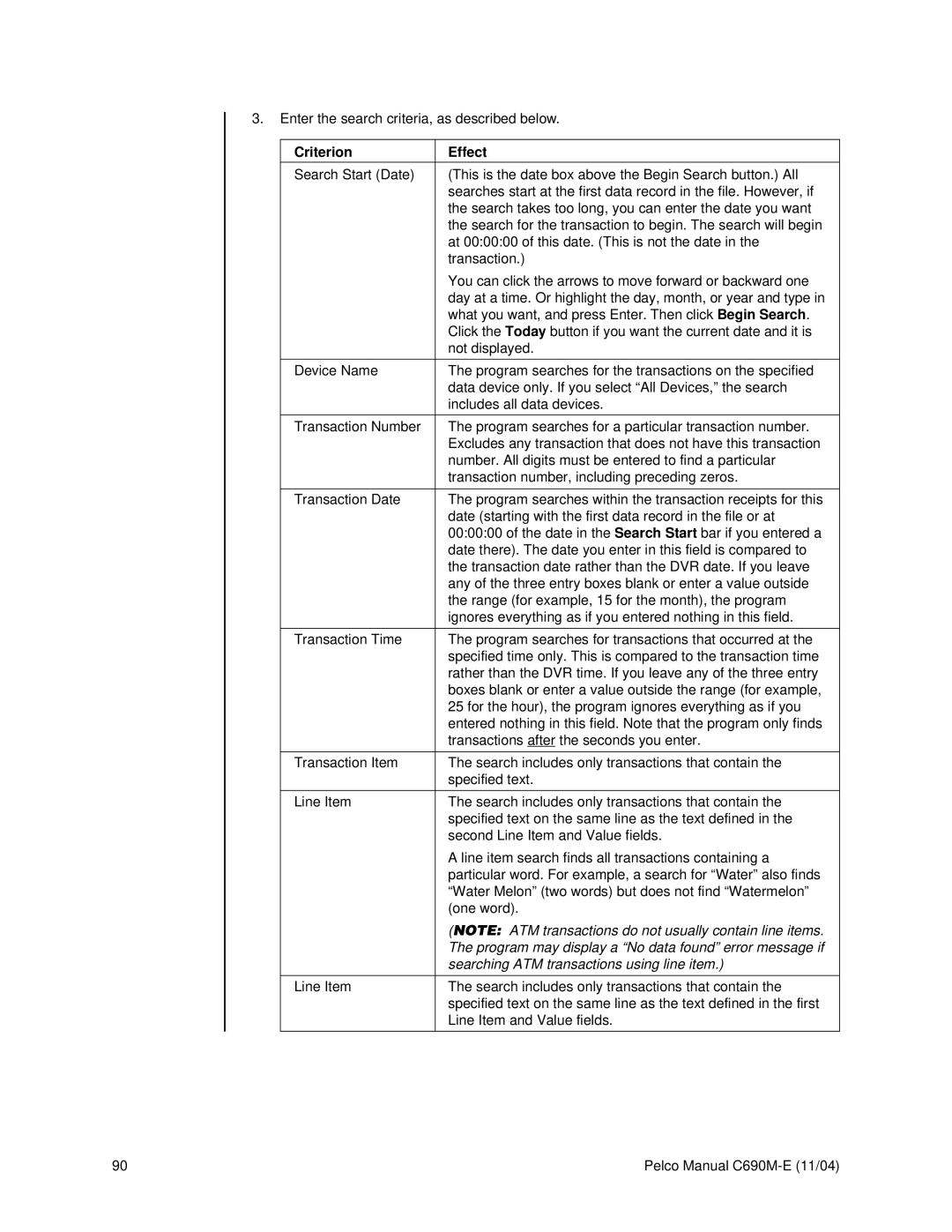 Pelco C690M-E operation manual Criterion Effect, Searching ATM transactions using line item 