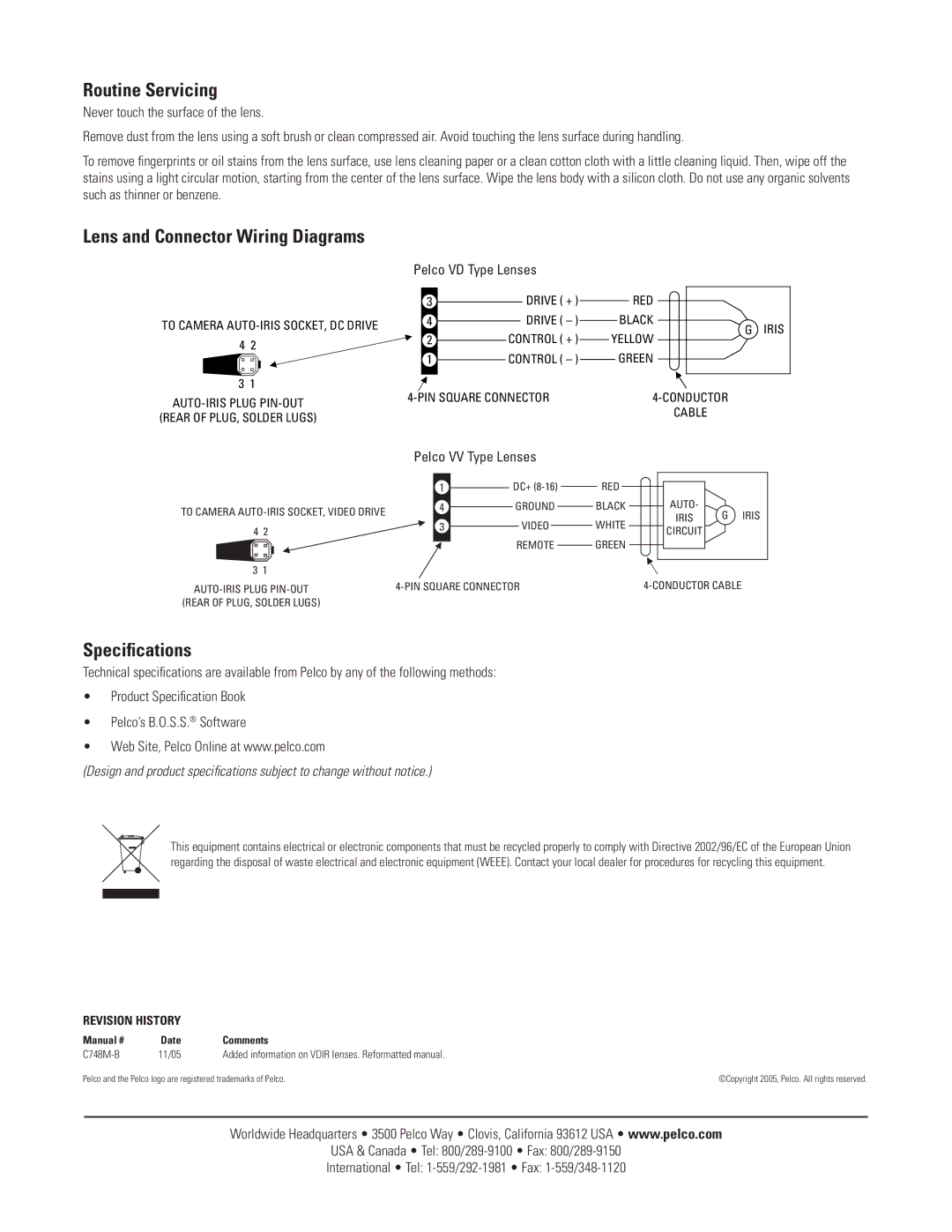 Pelco C748M-B Routine Servicing, Lens and Connector Wiring Diagrams, Speciﬁcations, Pelco VD Type Lenses 