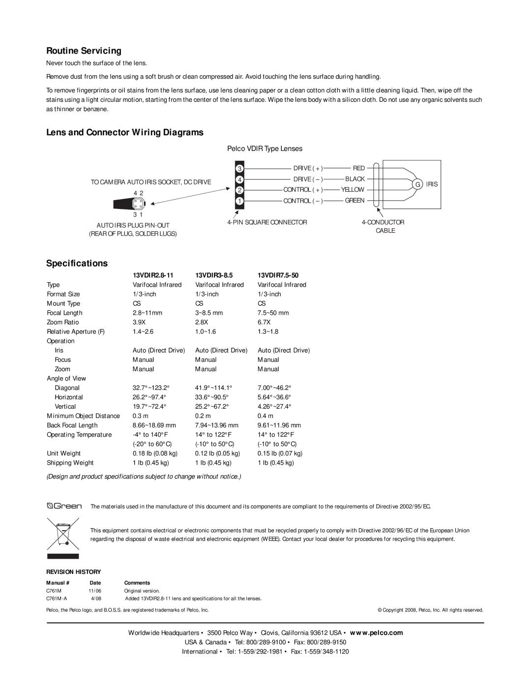 Pelco C761M-A important safety instructions Routine Servicing, Lens and Connector Wiring Diagrams, Specifications 