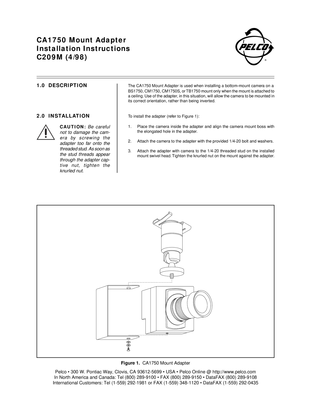 Pelco installation instructions CA1750 Mount Adapter Installation Instructions C209M 4/98, Description Installation 