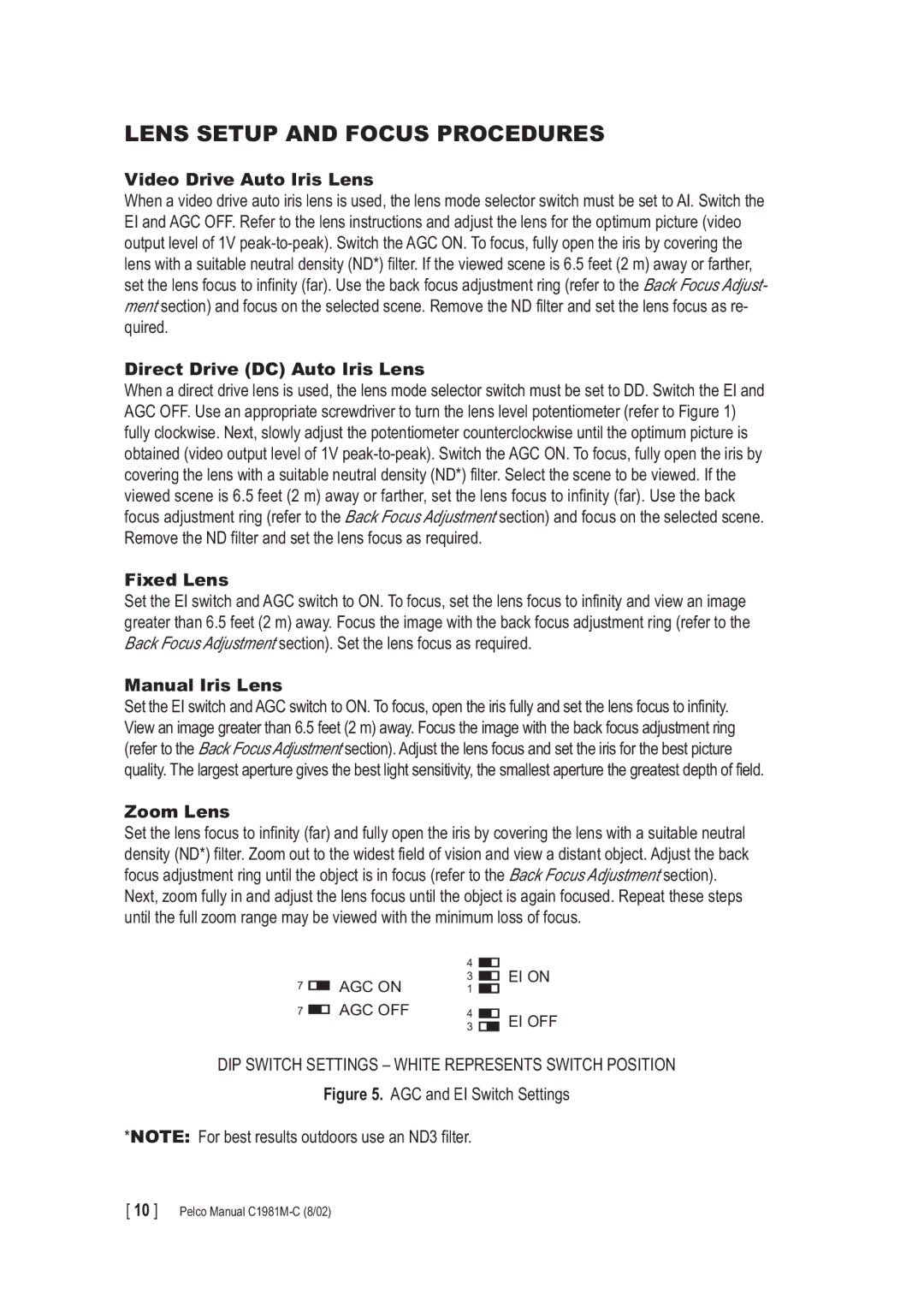 Pelco CC3600 manual Lens Setup and Focus Procedures 