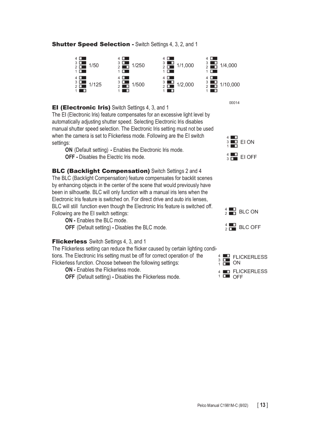 Pelco CC3600 manual BLC Backlight Compensation Switch Settings 2 