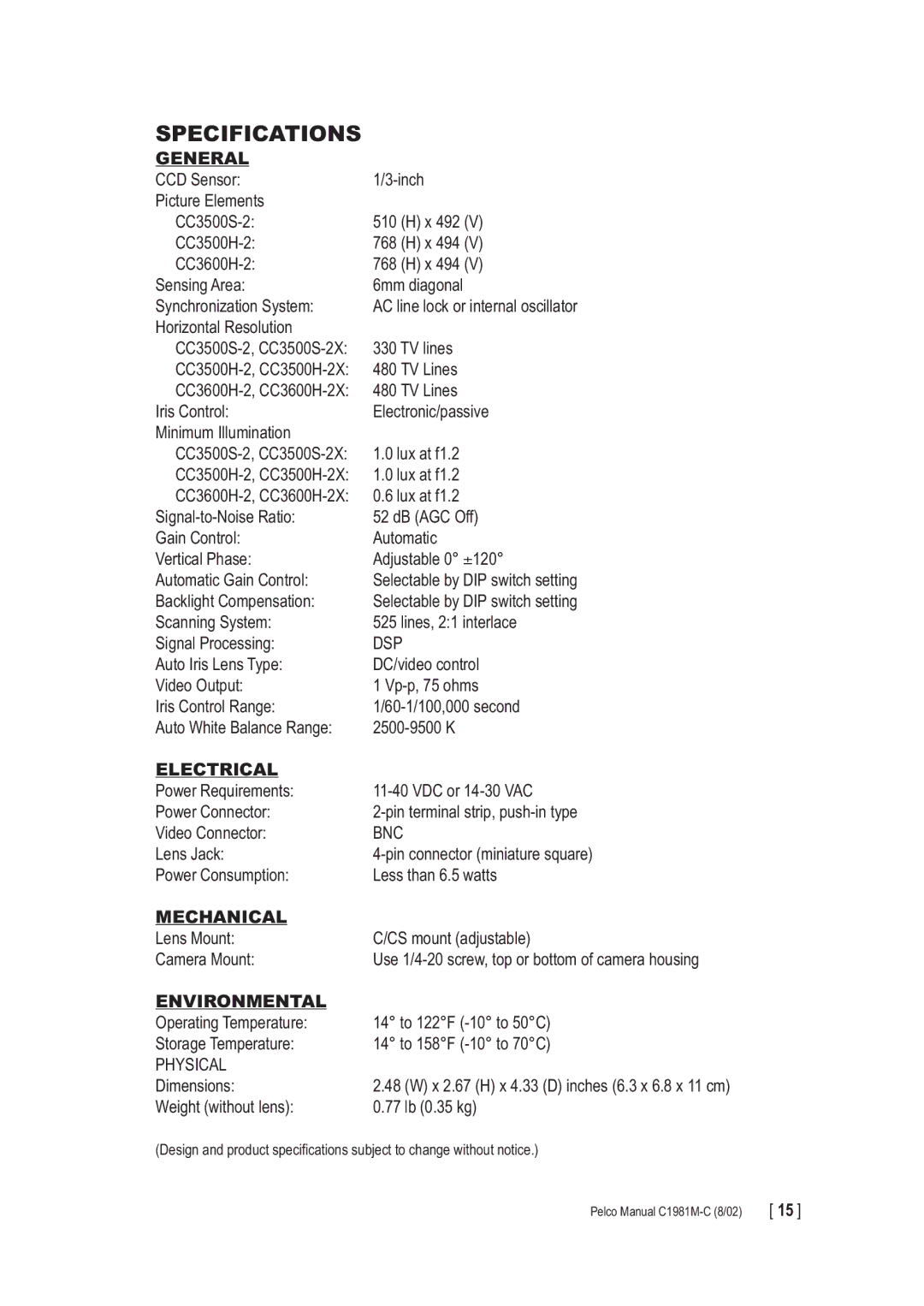 Pelco CC3600 manual Specifications, General 