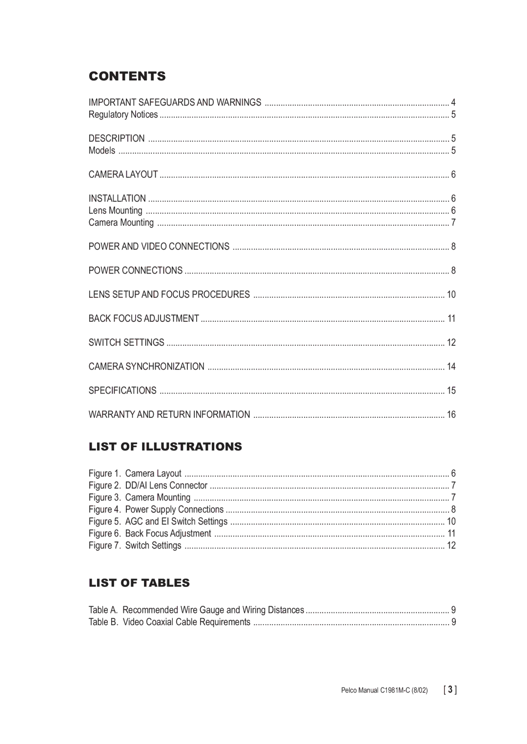 Pelco CC3600 manual Contents 