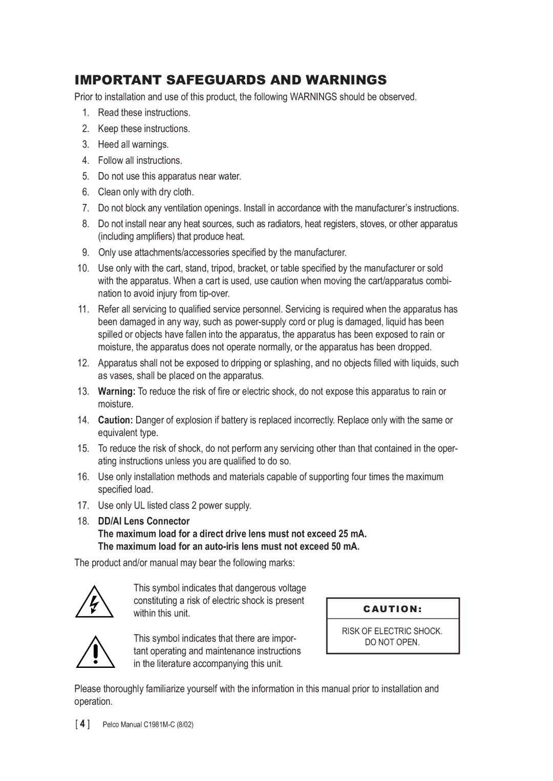 Pelco CC3600 manual Important Safeguards and Warnings, 18. DD/AI Lens Connector 