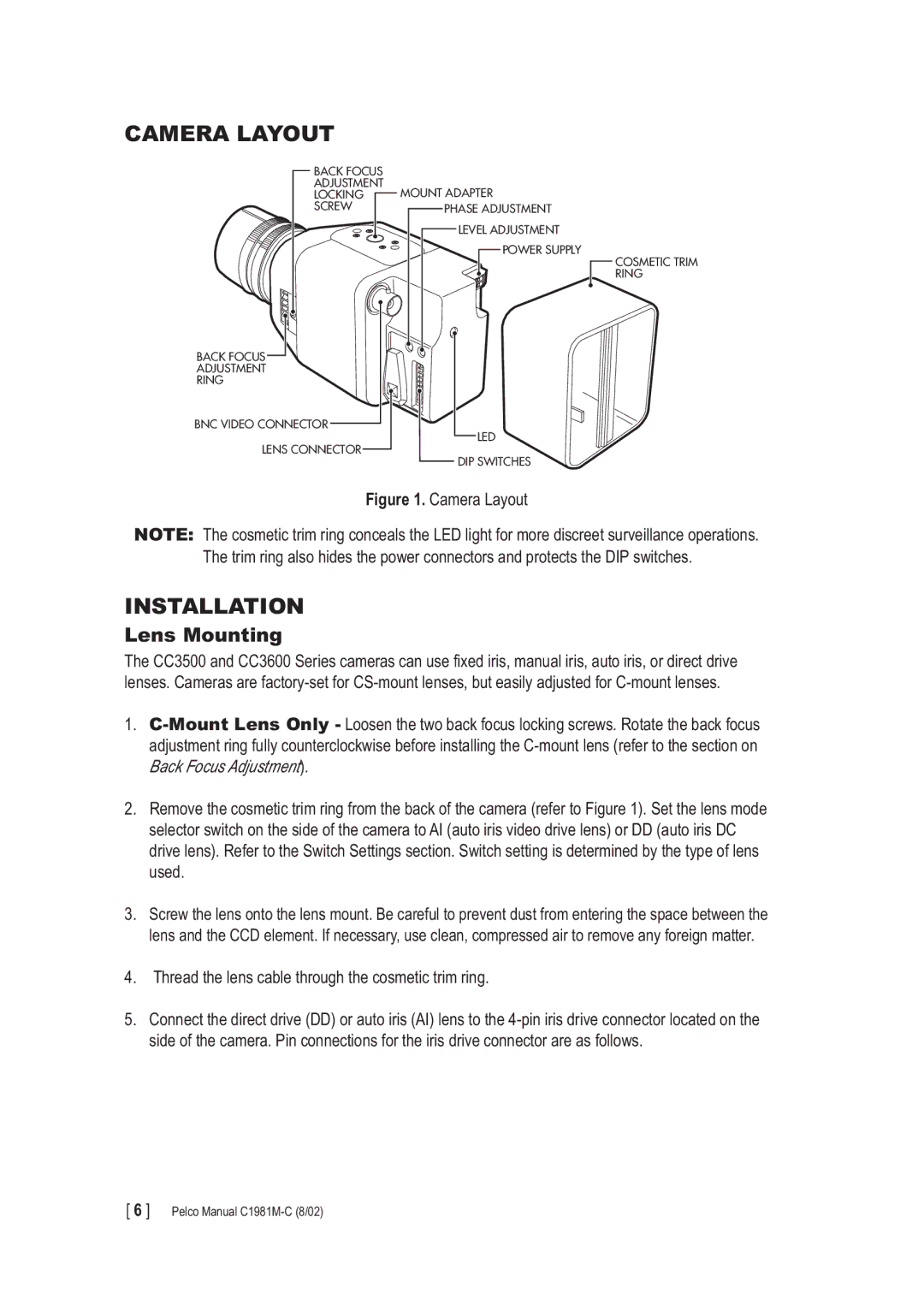 Pelco CC3600 manual Camera Layout, Installation, Lens Mounting 