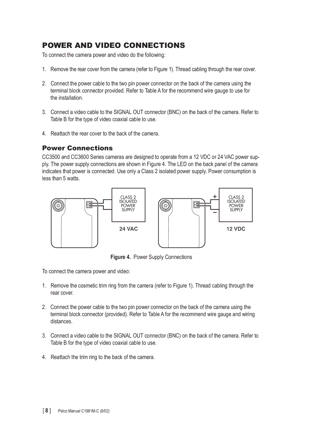 Pelco CC3600 manual Power and Video Connections, Power Connections 