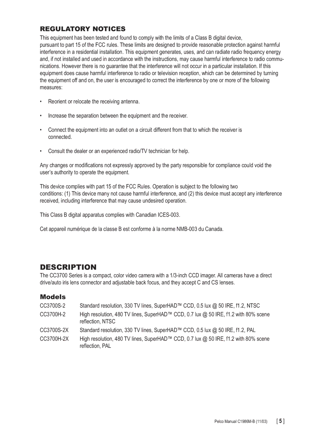 Pelco CC3700S-2X, CC3700H-2X manual Description, Regulatory Notices 