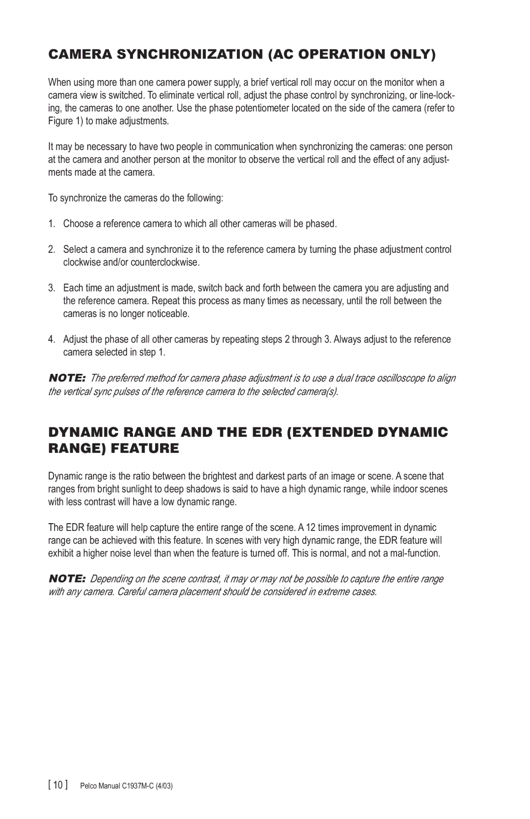 Pelco CC3701H-2X manual Camera Synchronization AC Operation only, Dynamic Range and the EDR Extended Dynamic Range Feature 