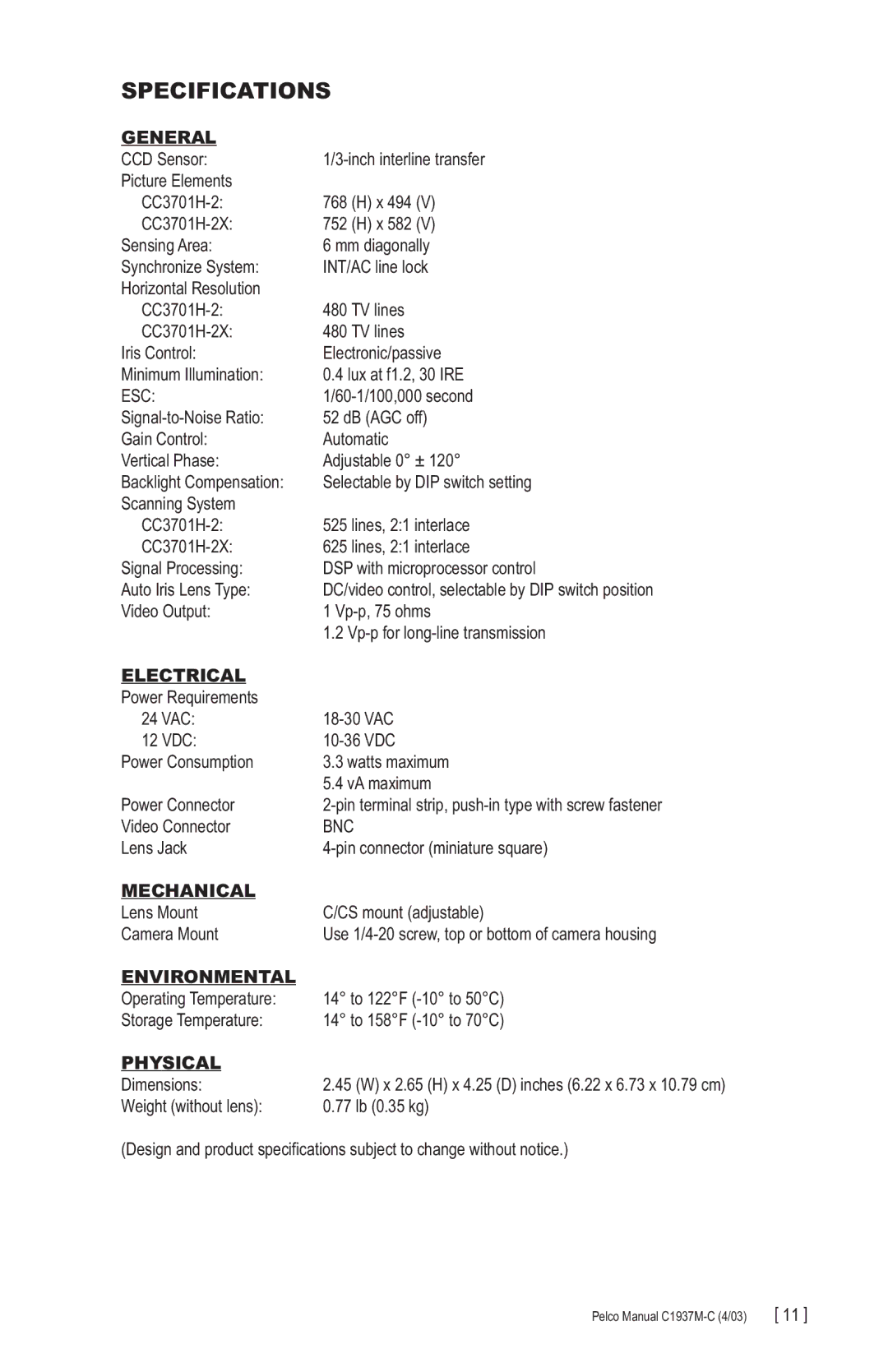 Pelco C1937M-C (4/03), CC3701H-2X manual Specifications 