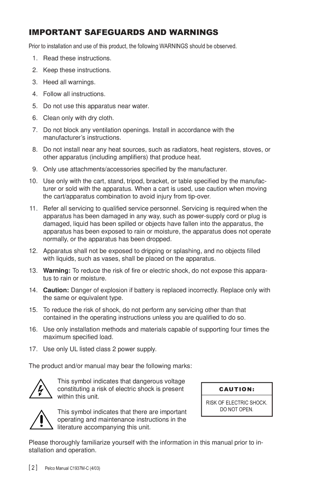 Pelco CC3701H-2X, C1937M-C (4/03) manual Important Safeguards and Warnings 