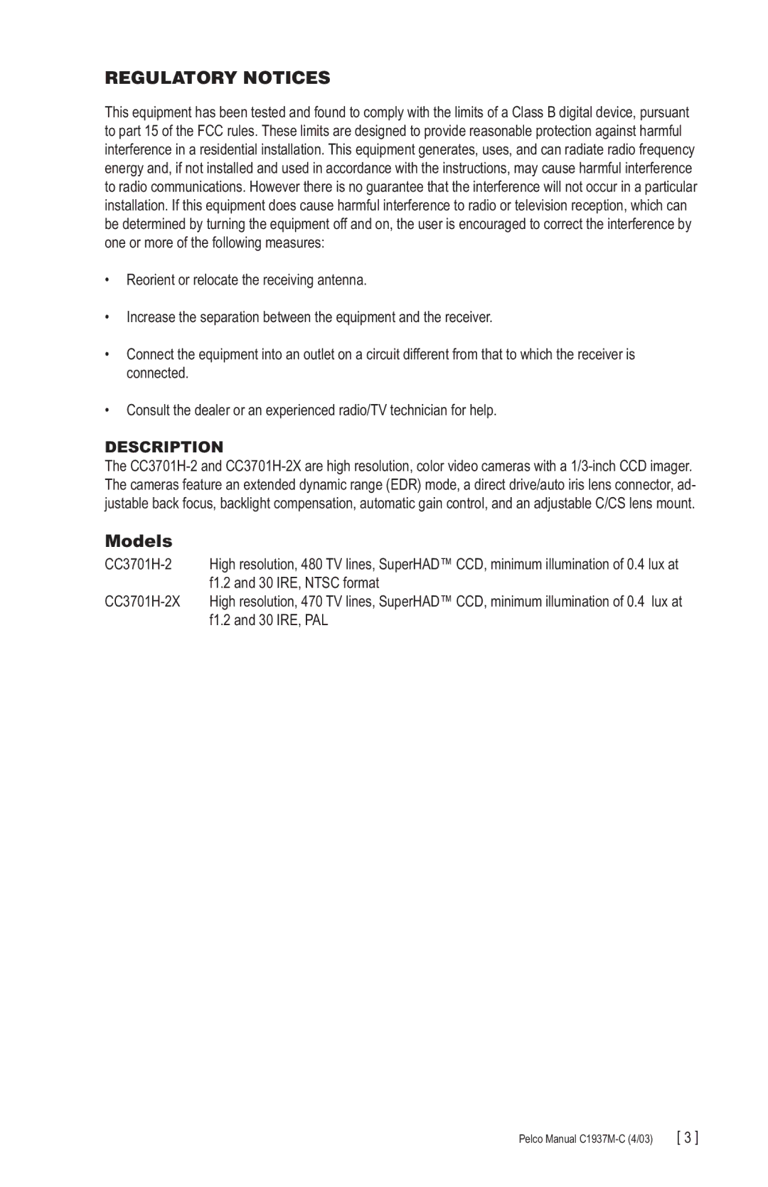 Pelco C1937M-C (4/03), CC3701H-2X manual Models, Description 