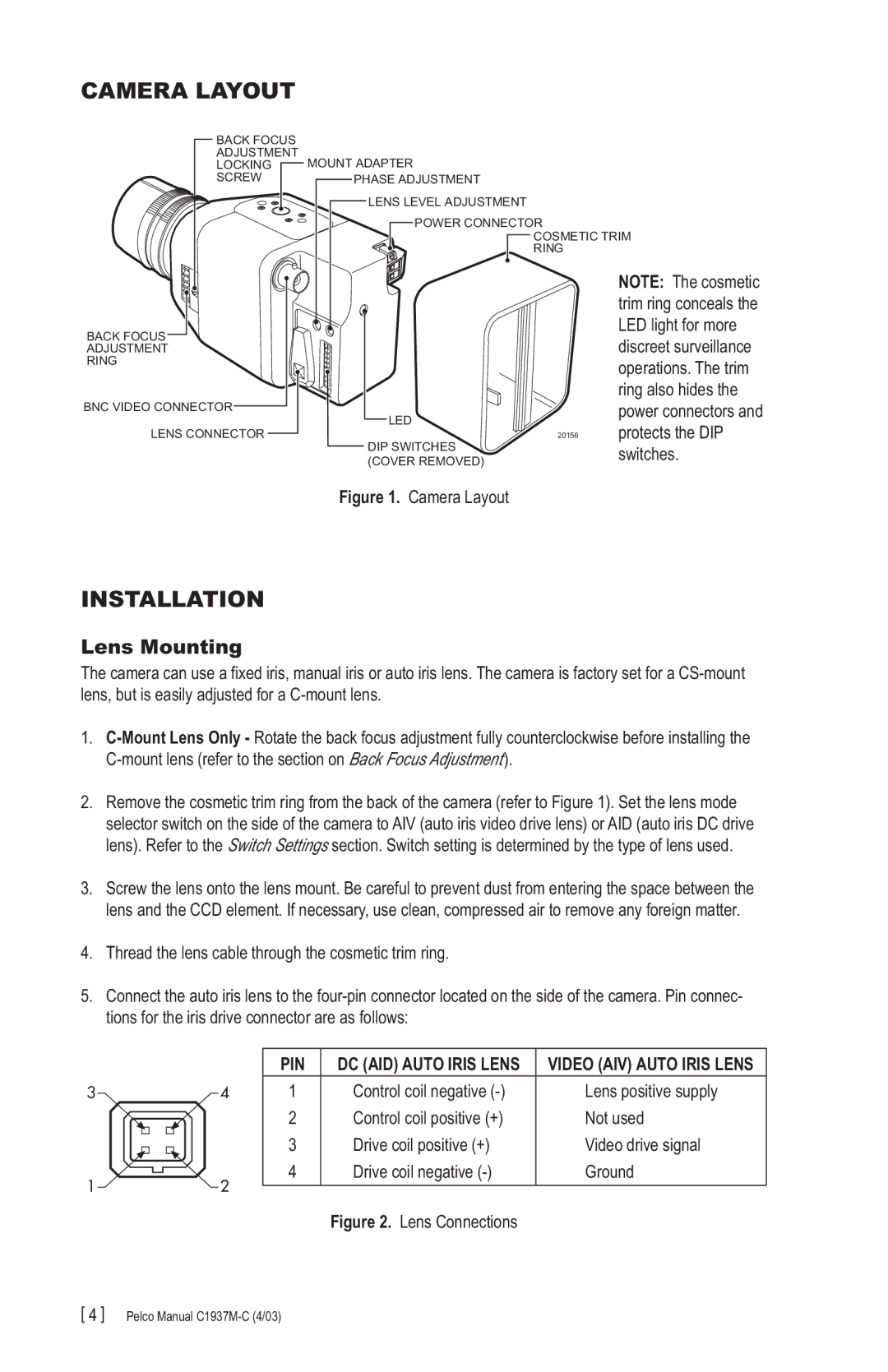 Pelco CC3701H-2X, C1937M-C (4/03) manual Camera Layout, Installation, Lens Mounting, Pin 