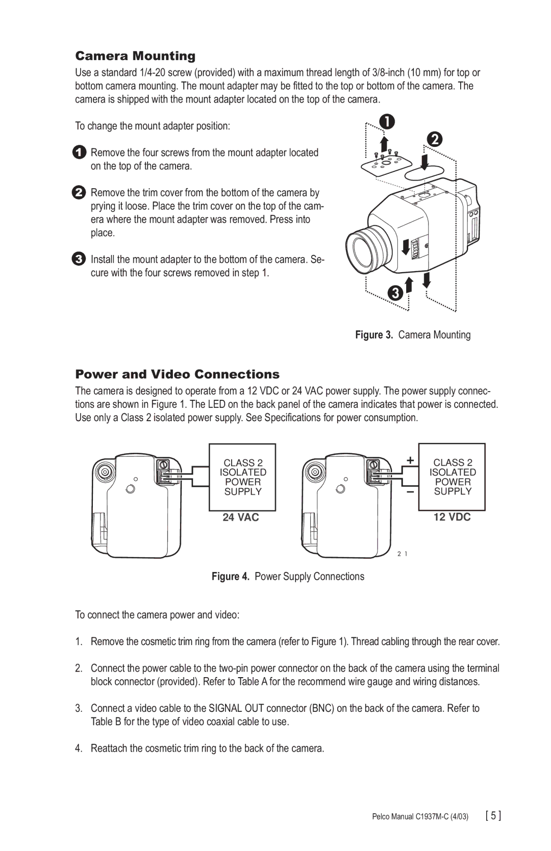 Pelco C1937M-C (4/03), CC3701H-2X manual Camera Mounting, Power and Video Connections 