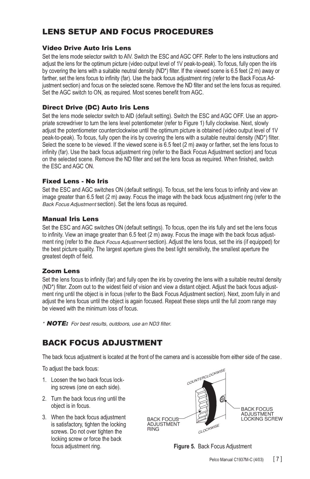 Pelco C1937M-C (4/03), CC3701H-2X manual Lens Setup and Focus Procedures, Back Focus Adjustment 