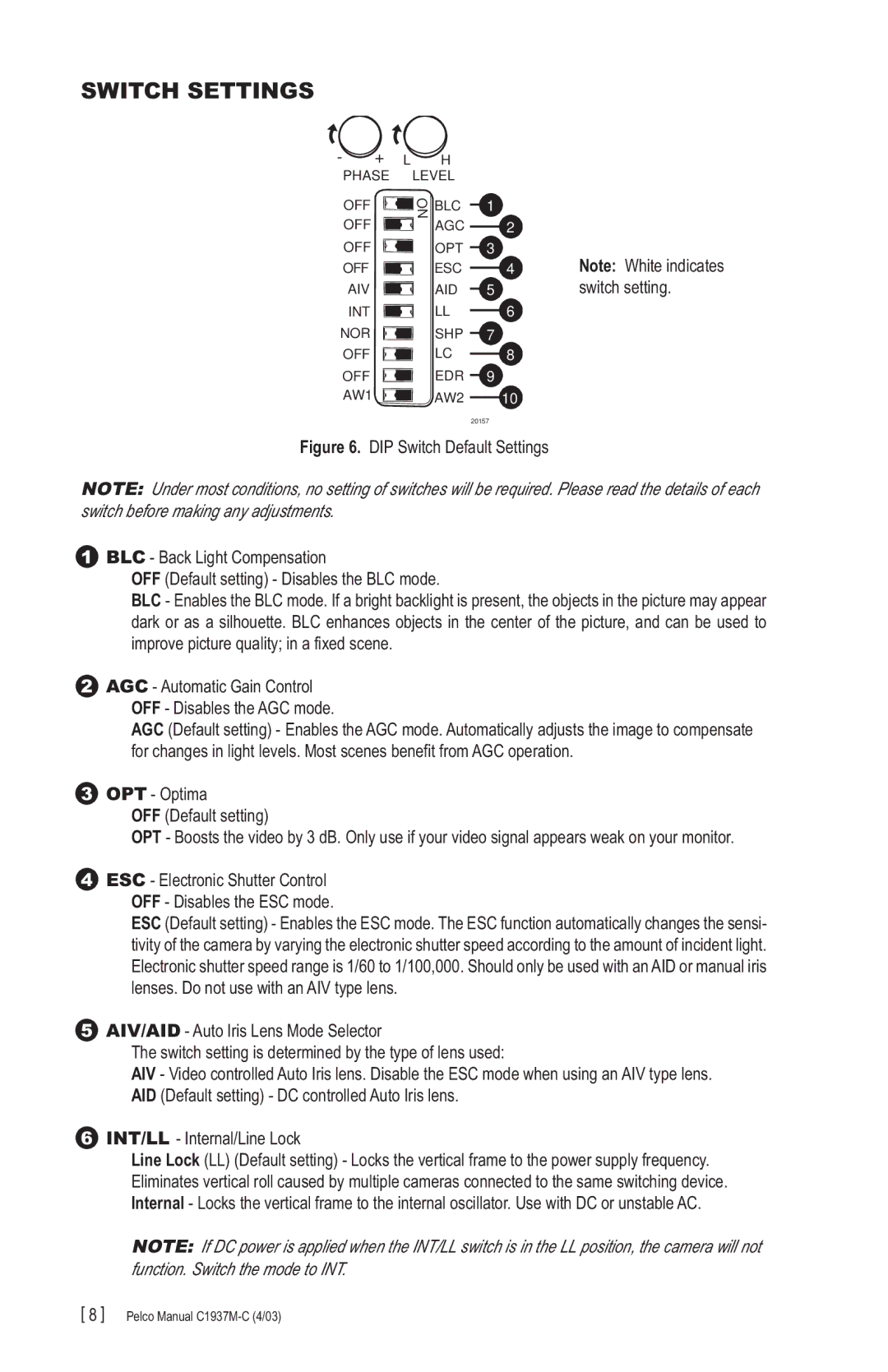 Pelco CC3701H-2X, C1937M-C (4/03) manual Switch Settings 