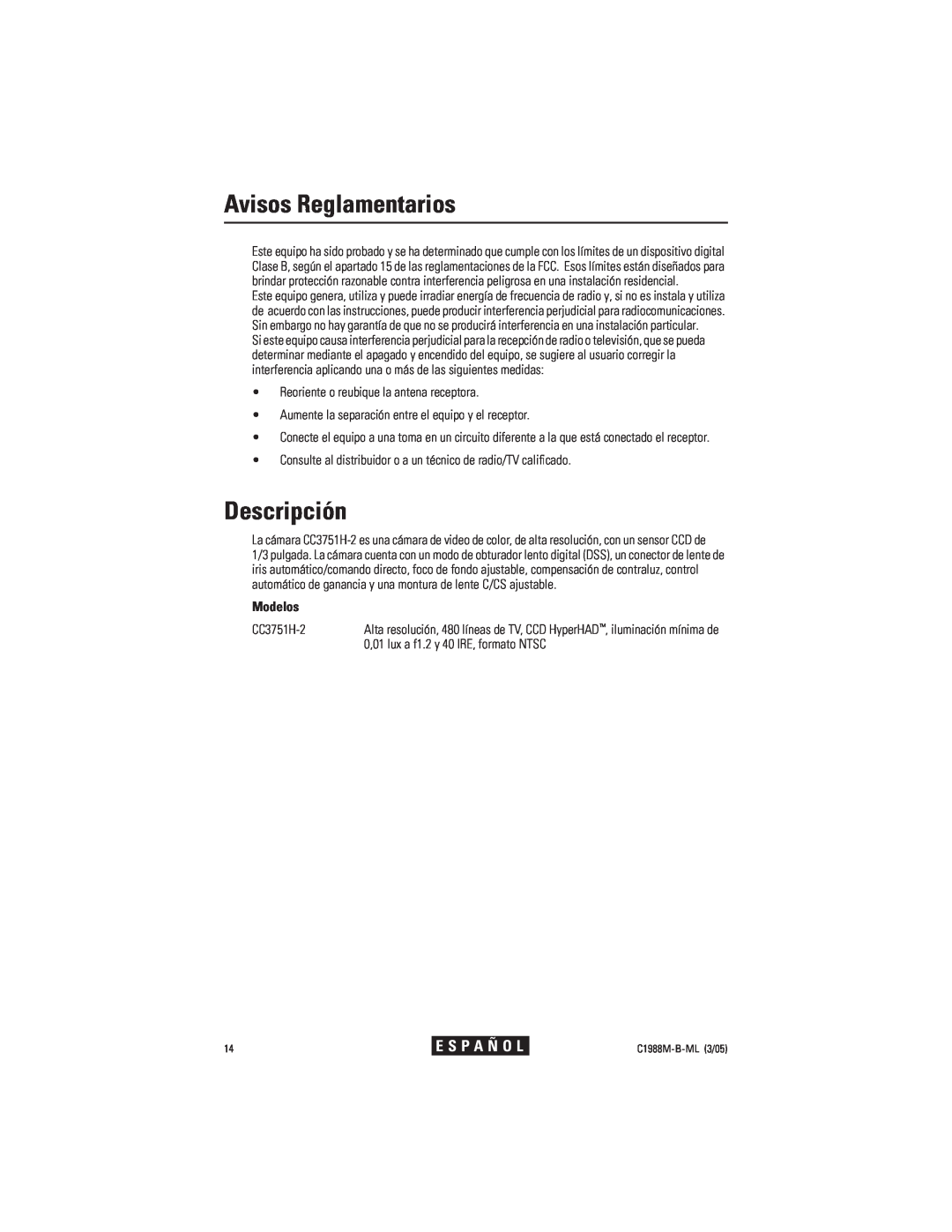 Pelco CC3751H-2 manual Avisos Reglamentarios, Descripción, Modelos, E S P A Ñ O L 
