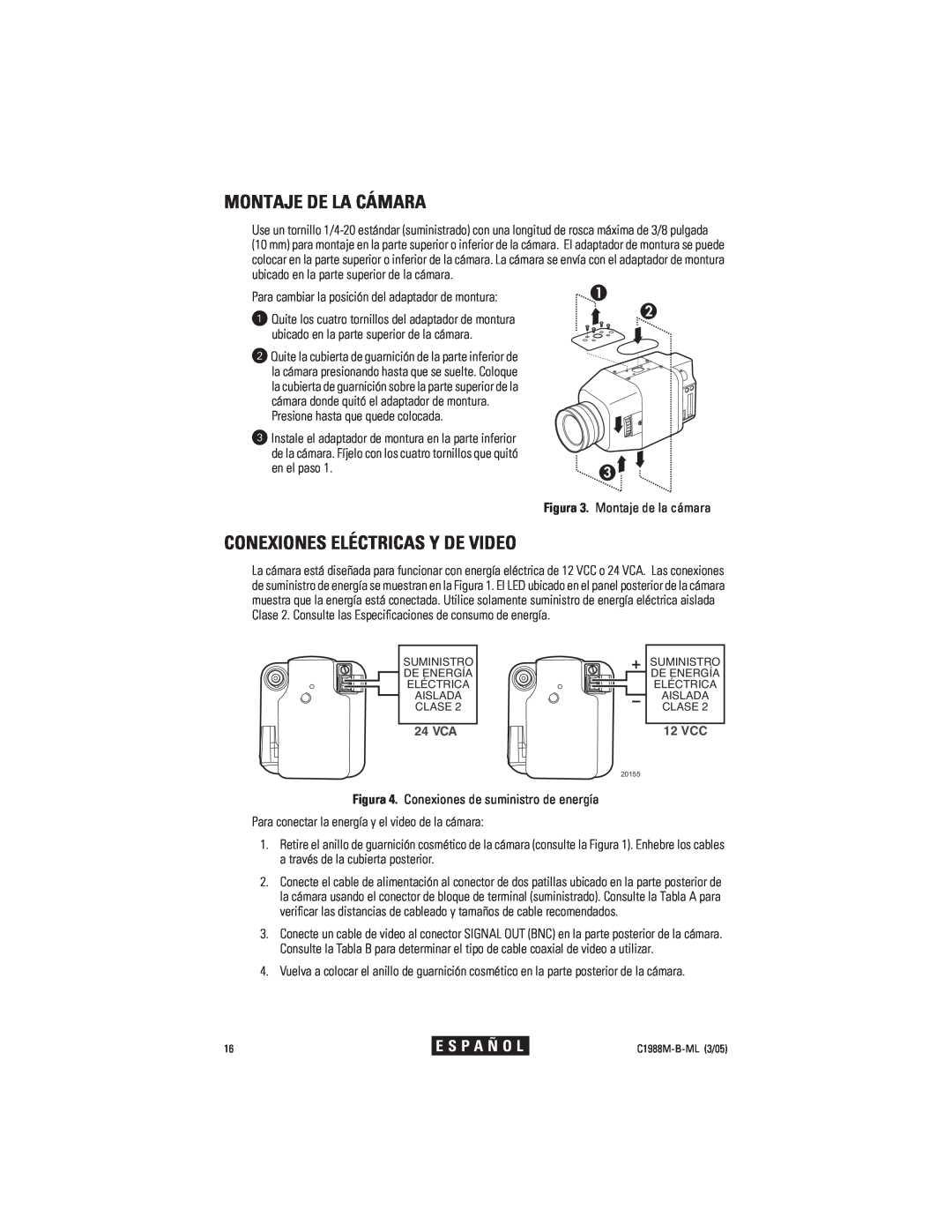 Pelco CC3751H-2 manual Montaje De La Cámara, Conexiones Eléctricas Y De Video, 24 VCA, 12 VCC, E S P A Ñ O L 
