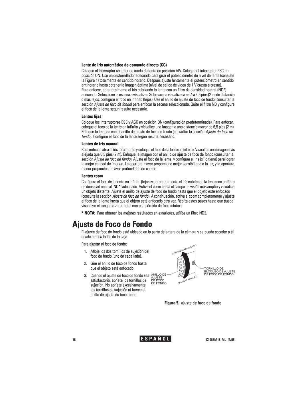 Pelco CC3751H-2 manual Ajuste de Foco de Fondo, Lente de iris automático de comando directo CC, Lentes ﬁjas, Lentes zoom 