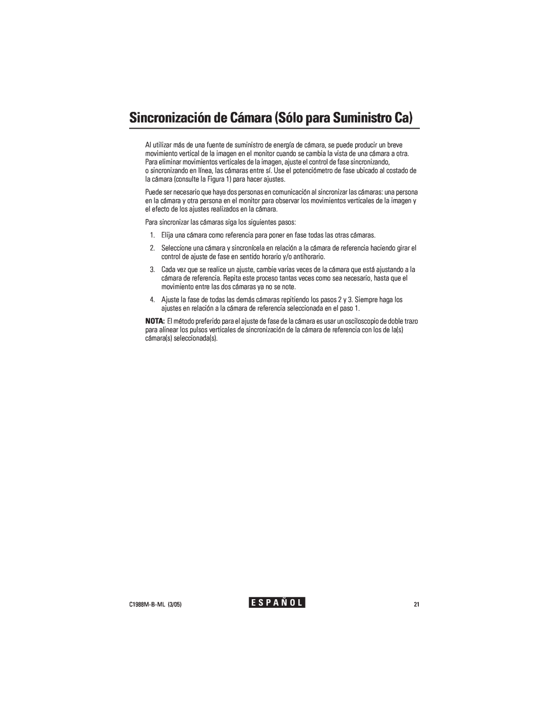 Pelco CC3751H-2 manual Sincronización de Cámara Sólo para Suministro Ca, E S P A Ñ O L, C1988M-B-ML3/05 