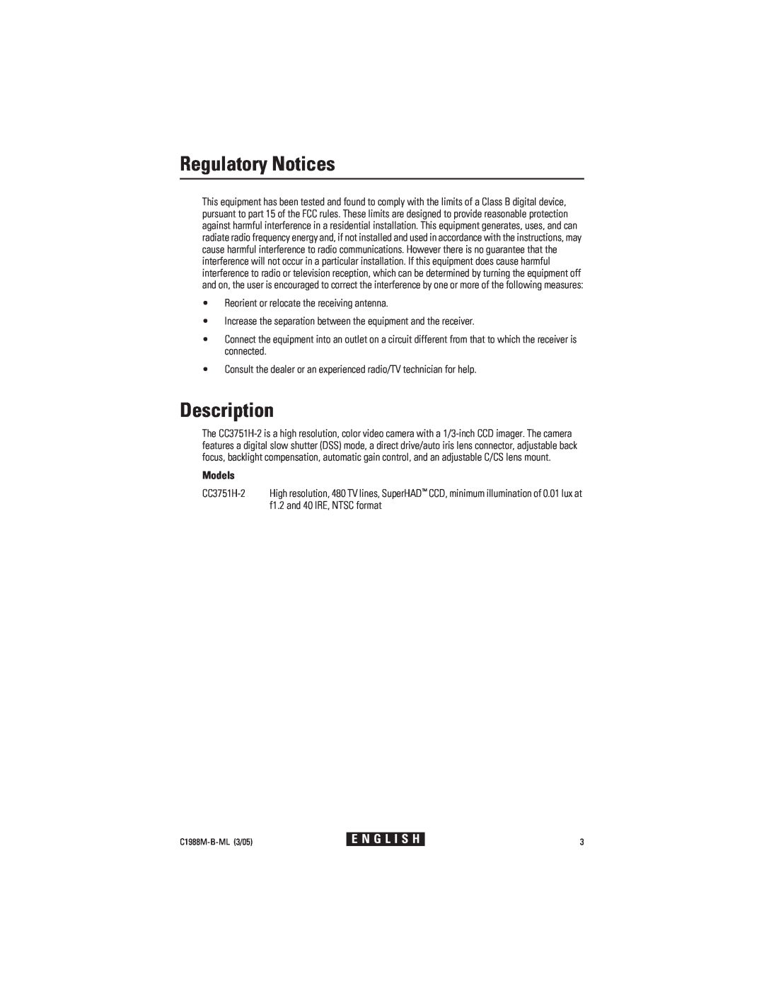 Pelco CC3751H-2 manual Regulatory Notices, Description, Models, E N G L I S H 